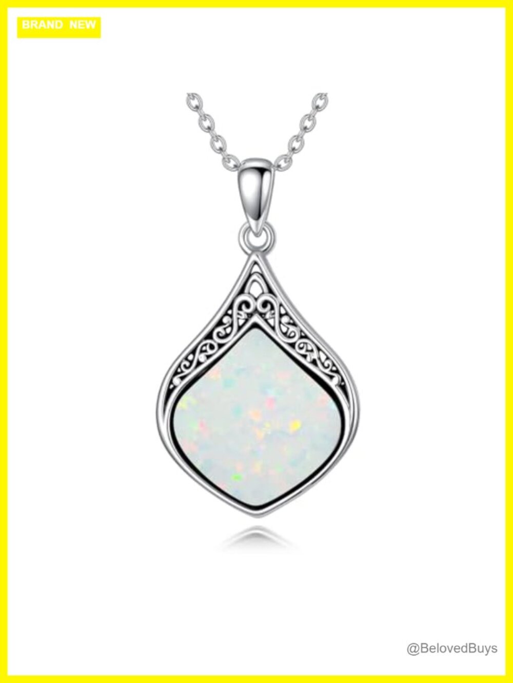 HPQQ Teardrop Opal Necklace 925 Sterling Silver Vintage Filigree